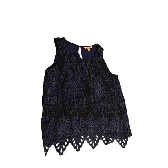 Skies Are Blue Tops - Skies Are Blue Black Navy Eyelet Embroidered Sleeveless Top Scalloped Hem M